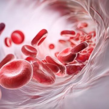 Flowing blood cells Red blood cells flowing through a blood vessel.